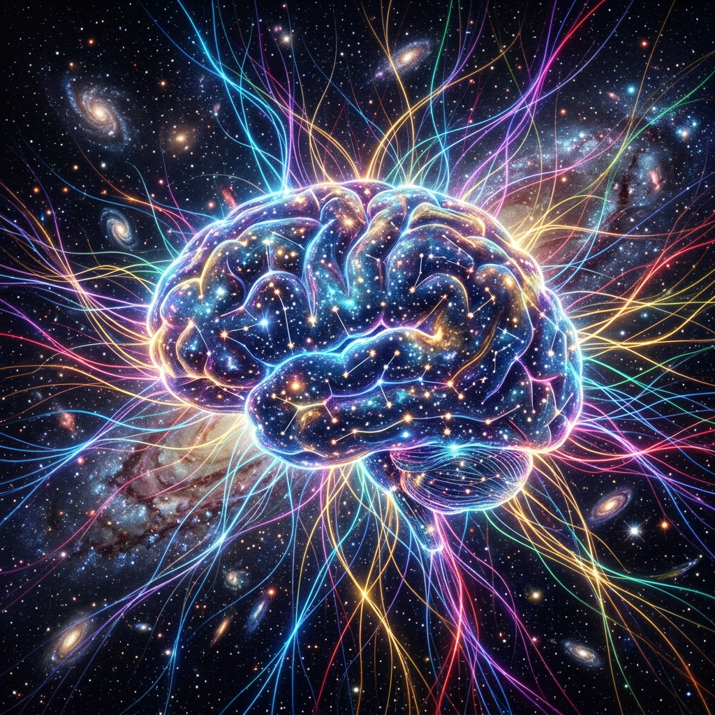 Human brain composed of starry cosmic patterns with colorful light strands extending outward