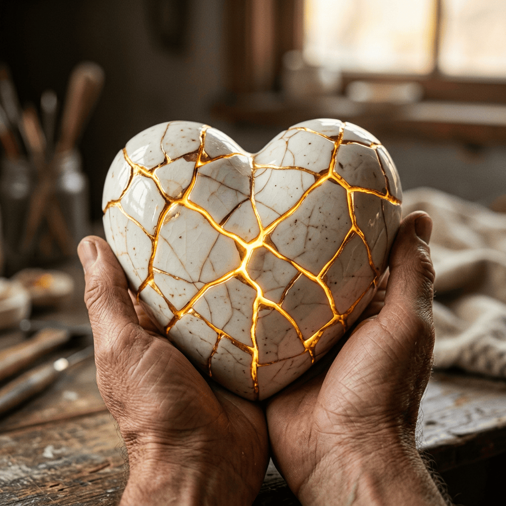 Heart-shaped ceramic cracked and repaired with glowing gold seams held in hands