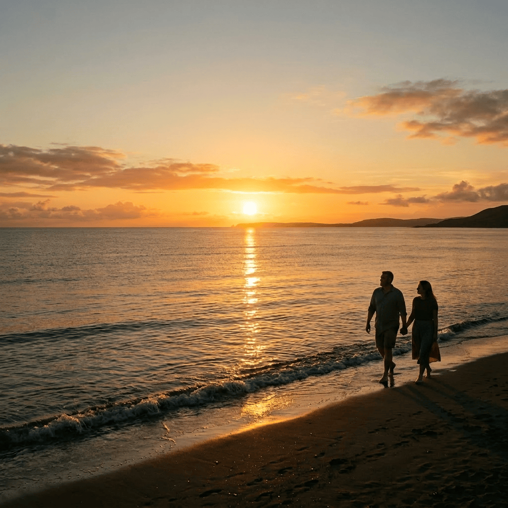 Person walking on beach near calm ocean at sunset