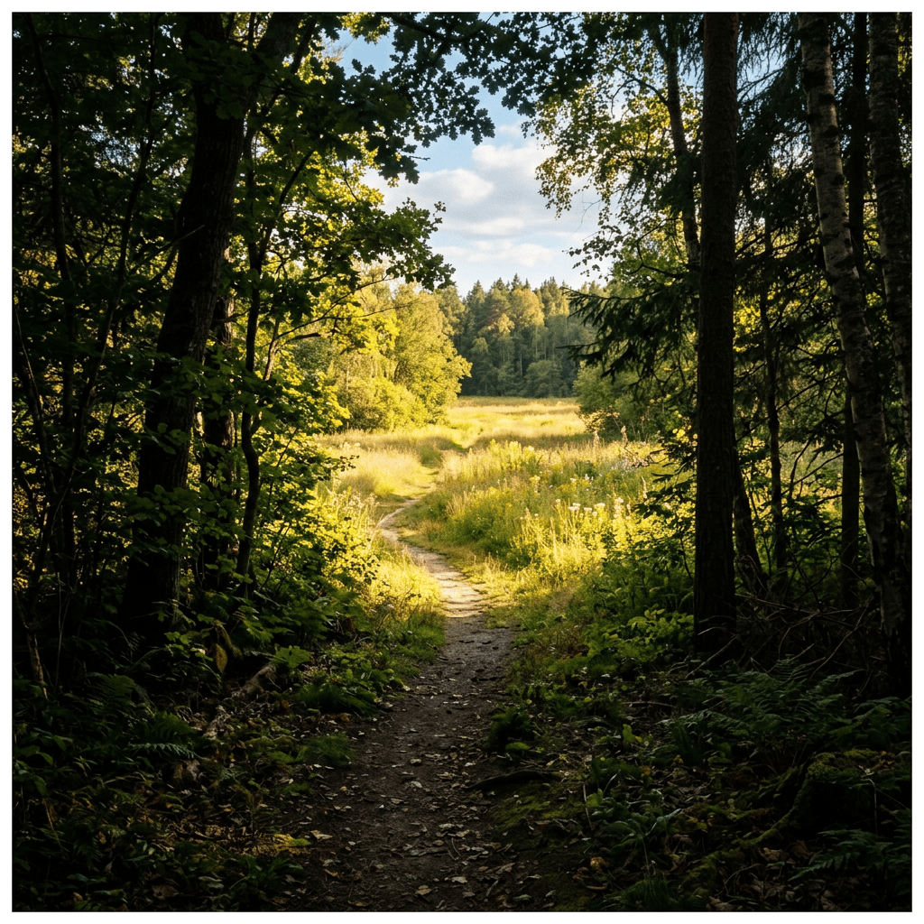Dirt trail through forest opening to sunlit meadow with trees and grass