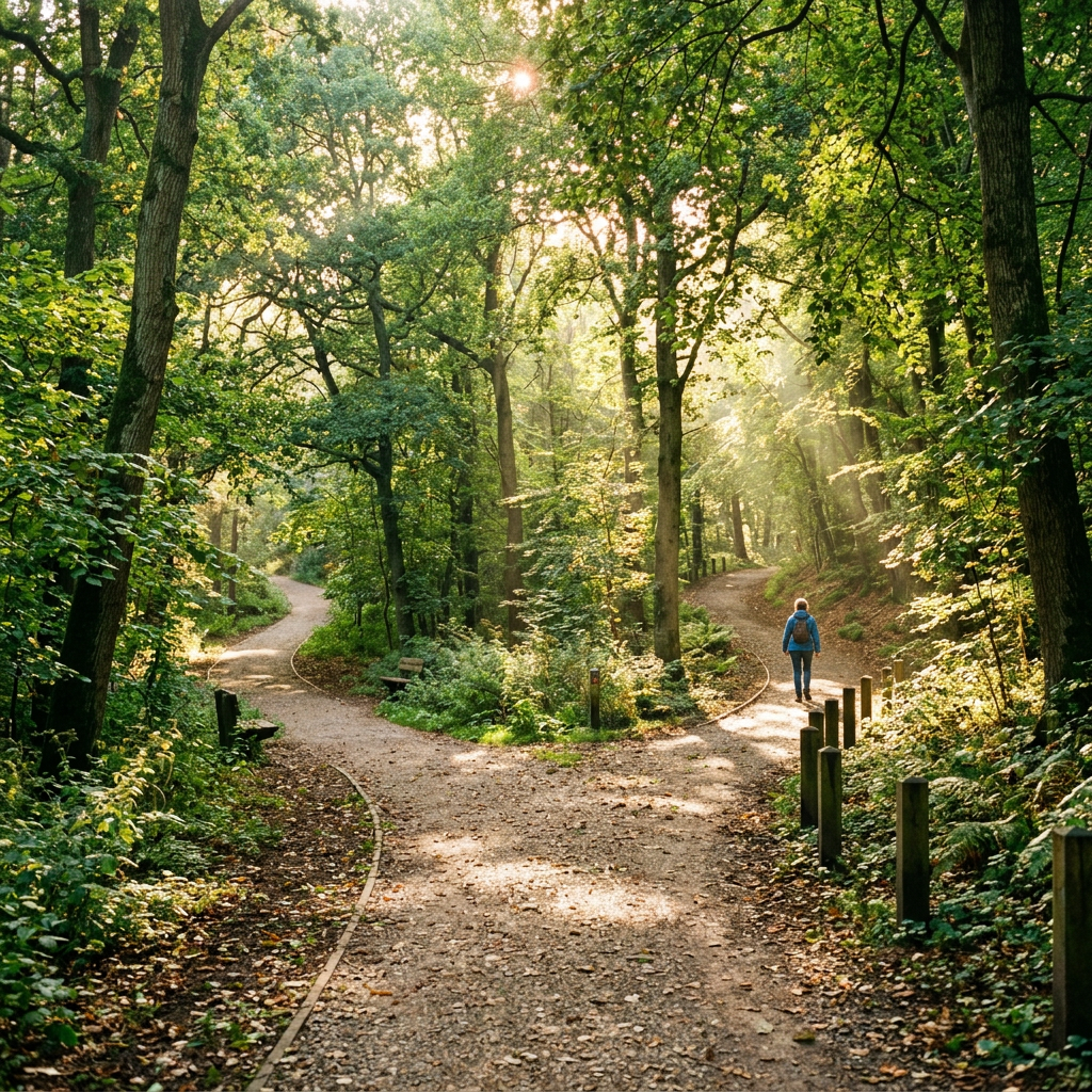 Person walking on a forest path that splits into two trails surrounded by green trees and sunlight