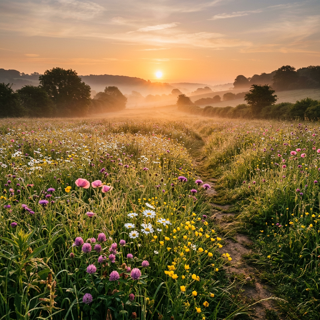 Path through a wildflower meadow at sunrise with mist and trees.