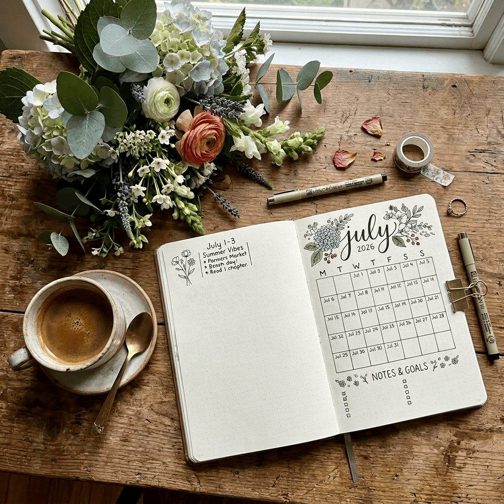 Open bullet journal with July 2024 calendar and floral illustrations
