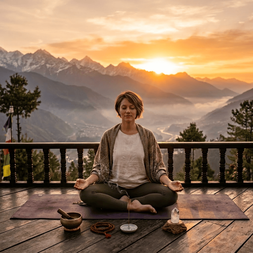 Woman sitting cross-legged on yoga mat meditating with sunrise over mountain range