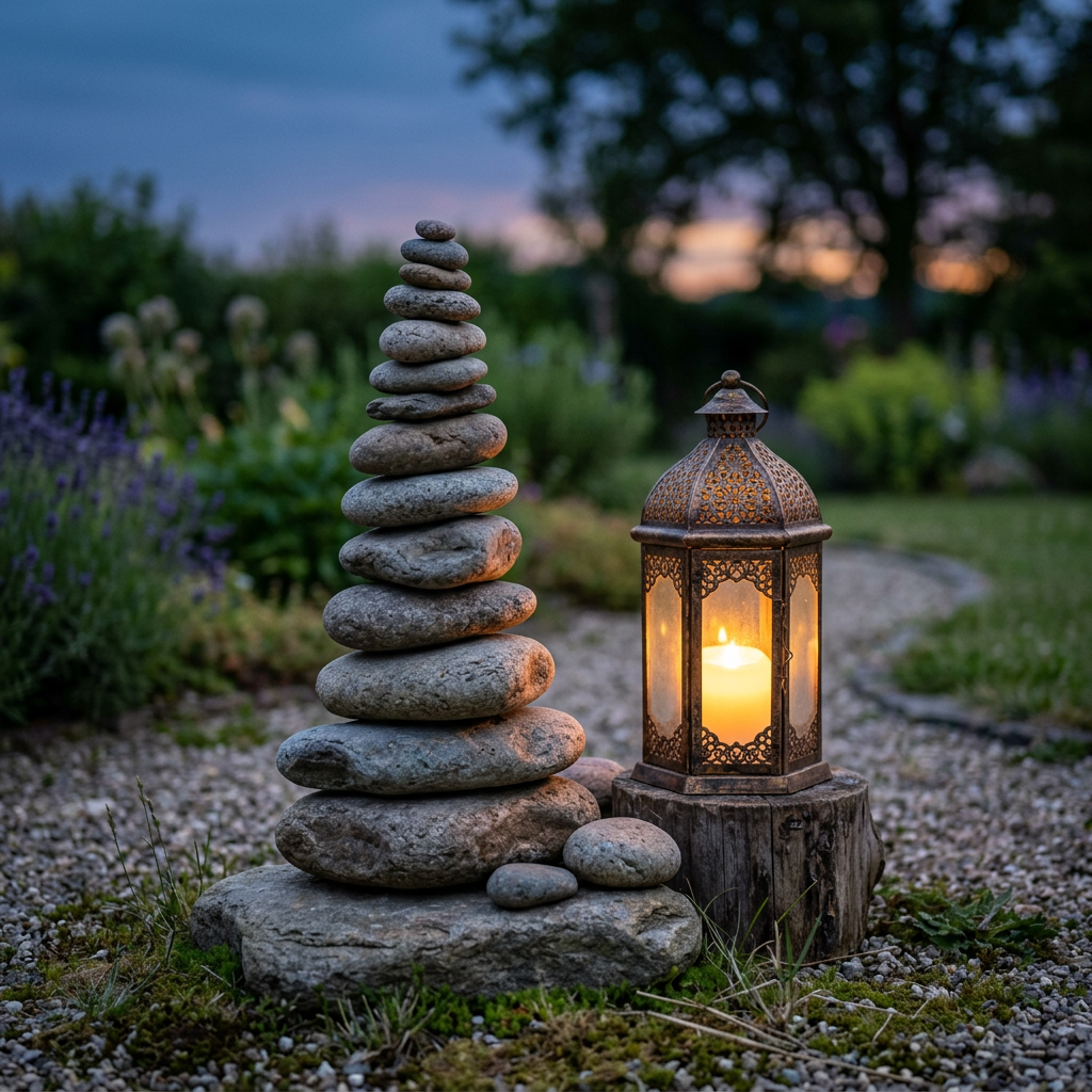Stack of smooth stones beside a lit decorative lantern on gravel path