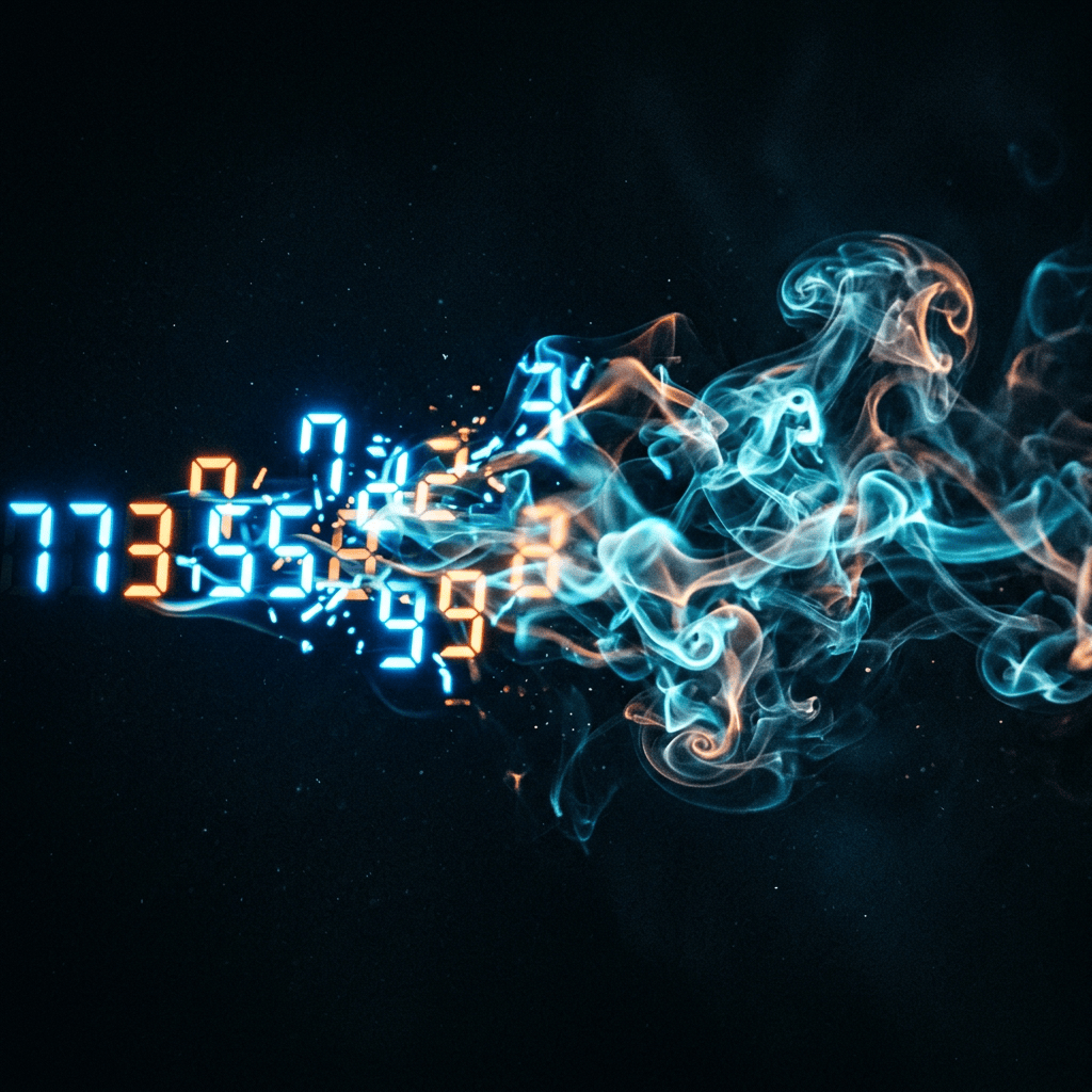 Blue and orange digital numbers blending and dissolving into wisps of blue and orange smoke on a black background