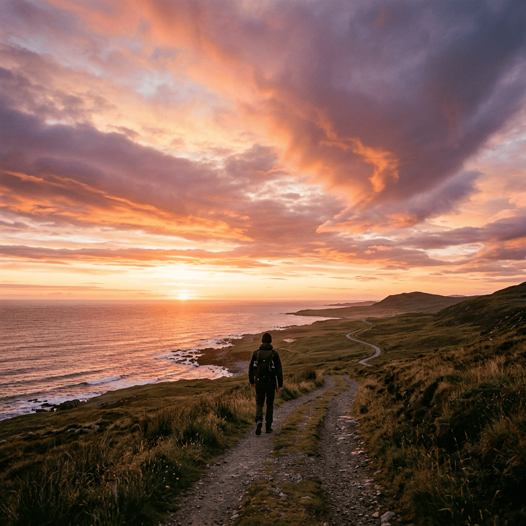 Person walking on coastal trail at sunset with colorful sky