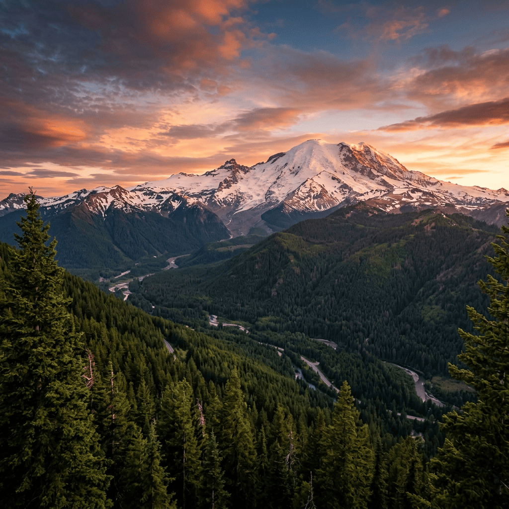 Snow-capped mountain with forested valley at sunset