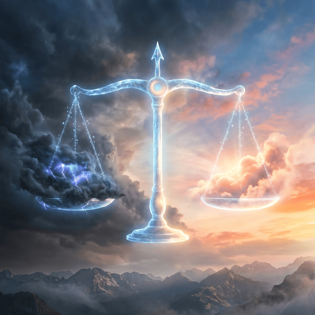 A glowing balance scale with dark storm clouds and lightning on the left side and bright sunlight with fluffy clouds on the right side