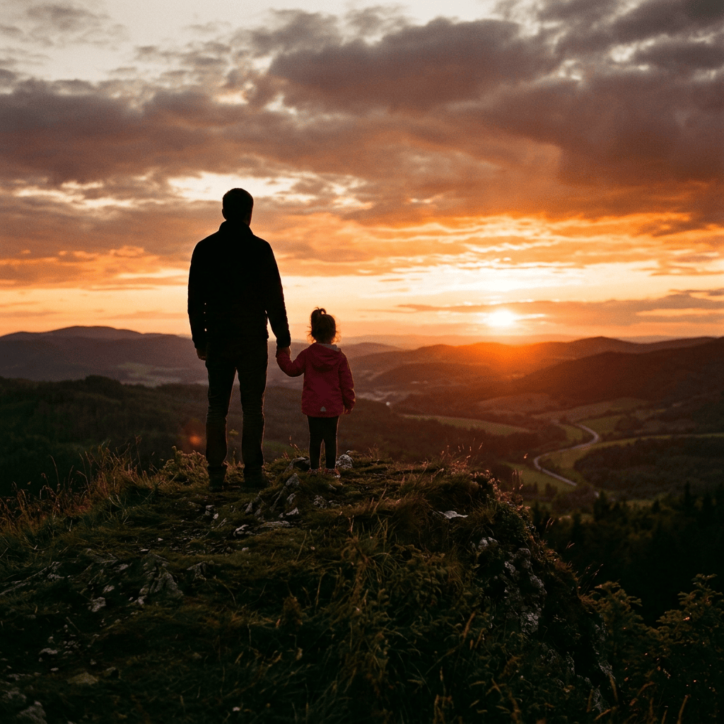 Silhouettes of a father and child holding hands on a hill during sunset