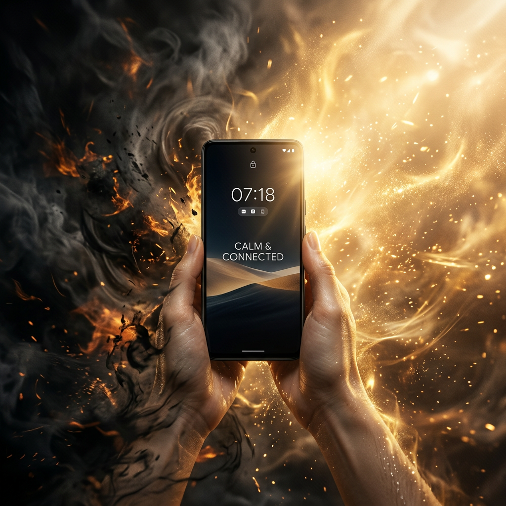 Smartphone held in hands showing time 07:18 and text Calm & Connected against fiery and smoky background