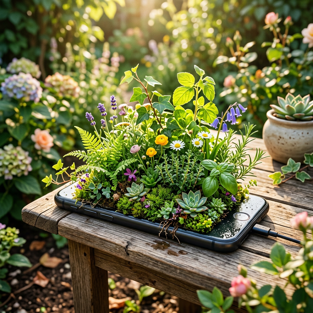 Smartphone with an assortment of blooming flowers, greenery, and succulents growing on its screen