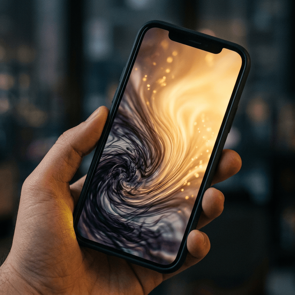 Smartphone screen showing abstract swirling dark and golden light pattern