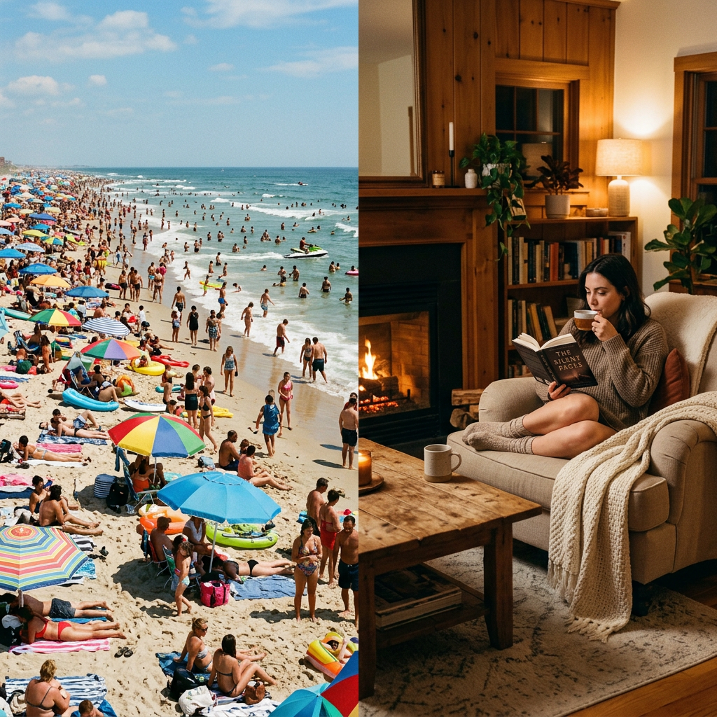 Crowded beach with colorful umbrellas and people swimming alongside a woman reading by a fireplace indoors