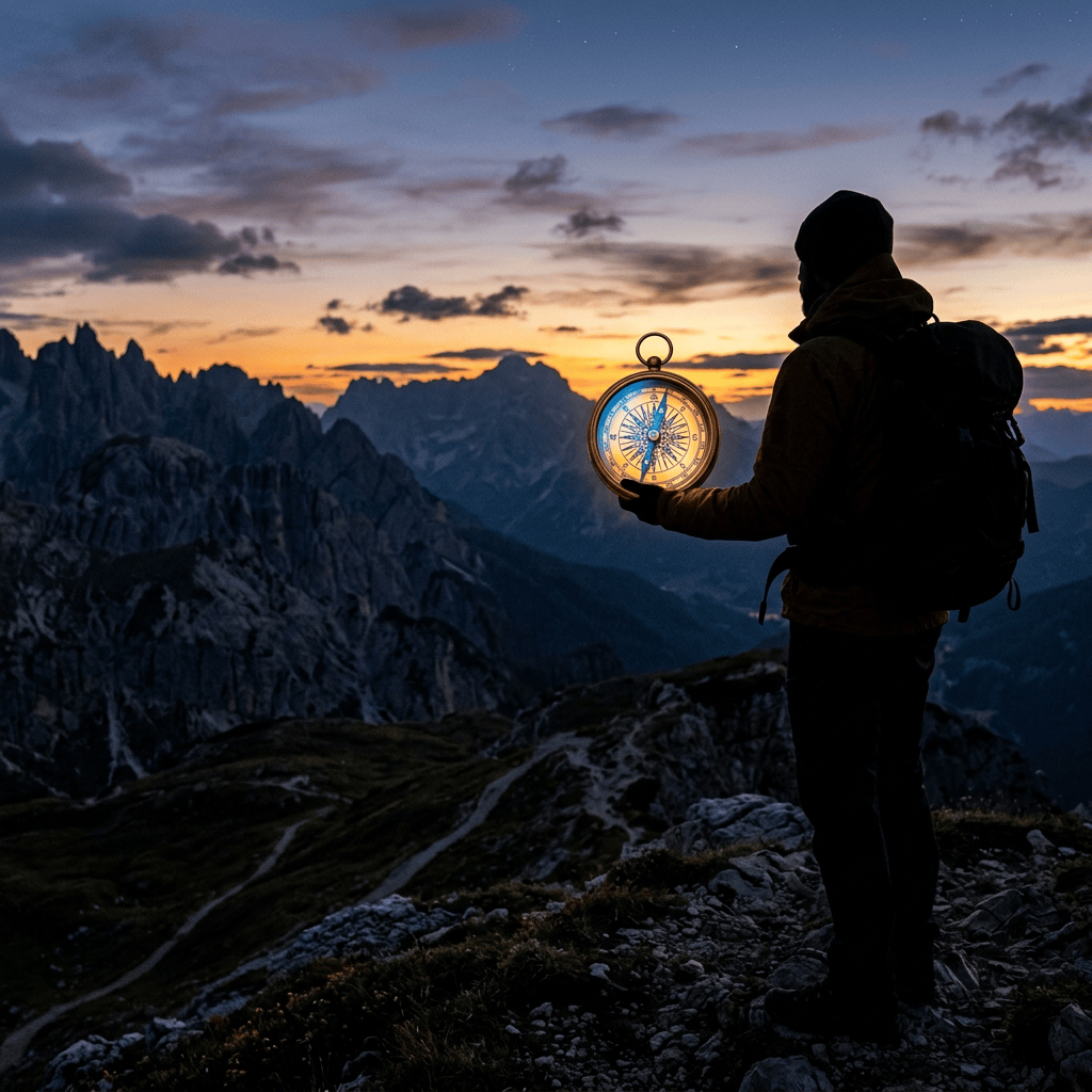 Silhouette of hiker holding glowing compass with mountain range at sunset