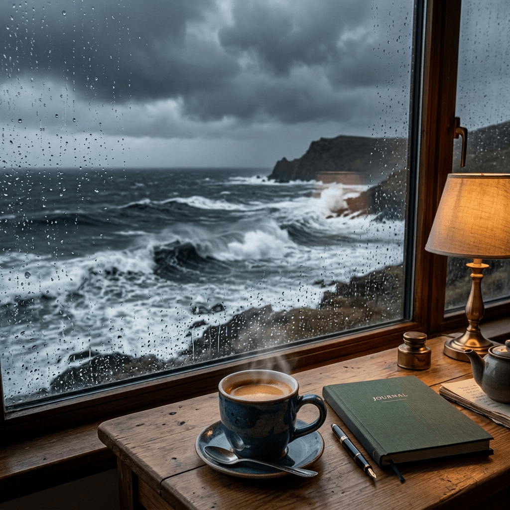 Wooden desk with a steaming blue cup of tea, a green journal, a pen, and a lamp by a rain-speckled window showing rough ocean waves and dark clouds