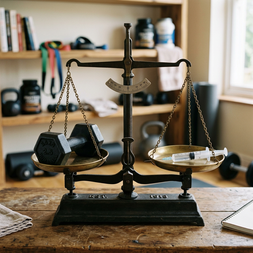Balance scale with dumbbell on one side and syringe on the other