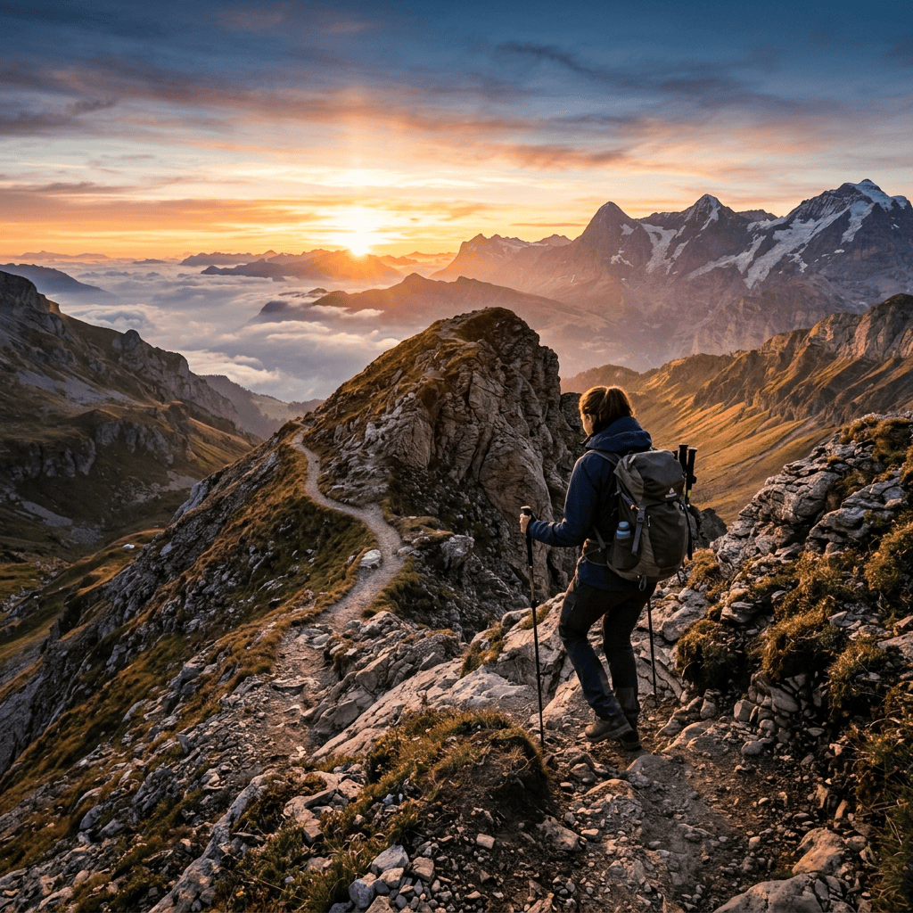 Hiker walking a rocky mountain path during sunset with distant snow-capped peaks and clouds