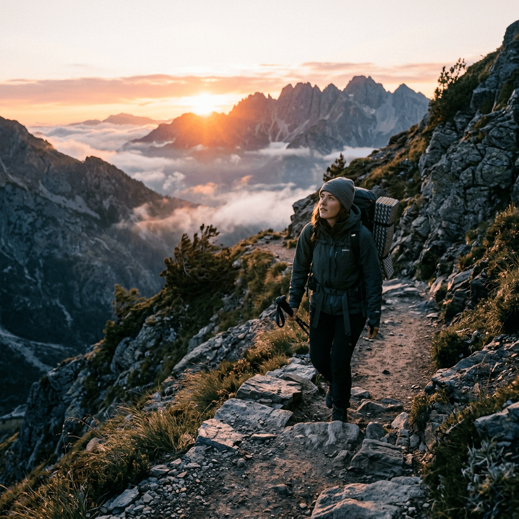 Hiker walking on a rocky mountain path at sunrise with sunrise and foggy peaks