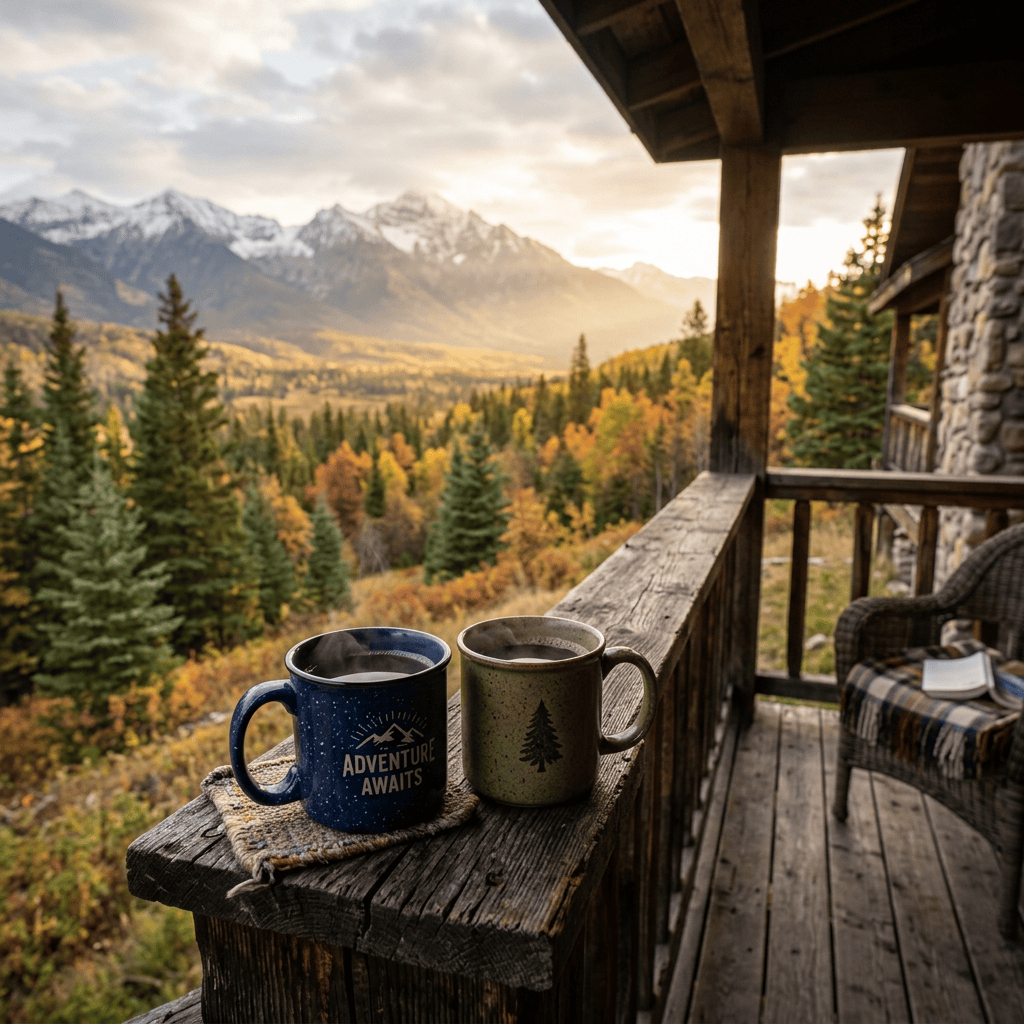 Two coffee mugs on a wooden cabin railing with mountain and forest view