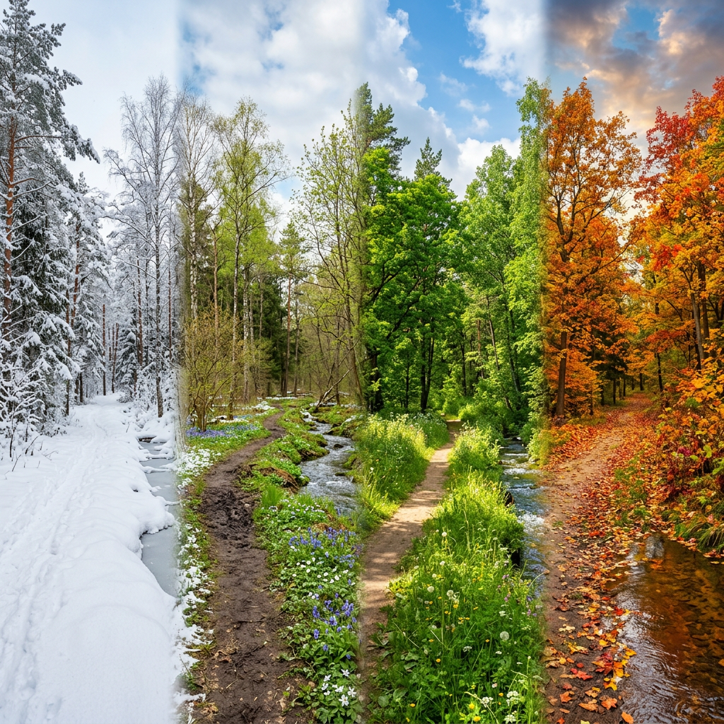 Forest trail transitioning through winter snow, spring blossoms, summer greenery, and autumn leaves