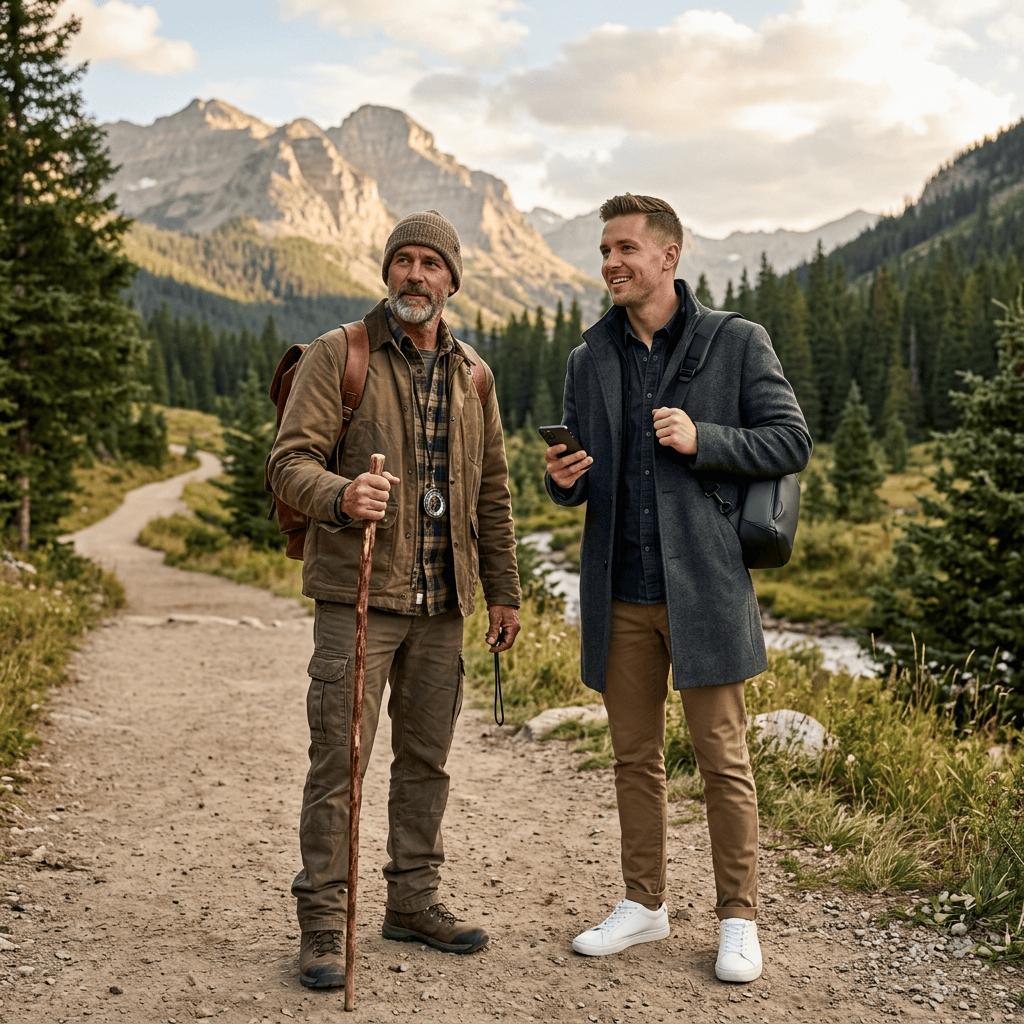 Two men standing on a forest trail with mountains in the background, one holding a walking stick and the other holding a smartphone