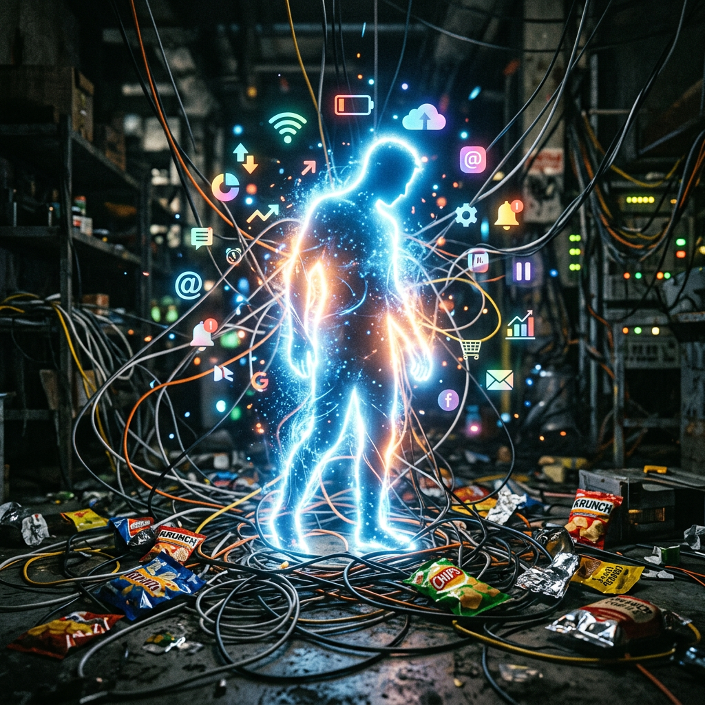 Luminous human silhouette connected to multiple data cables with floating digital icons