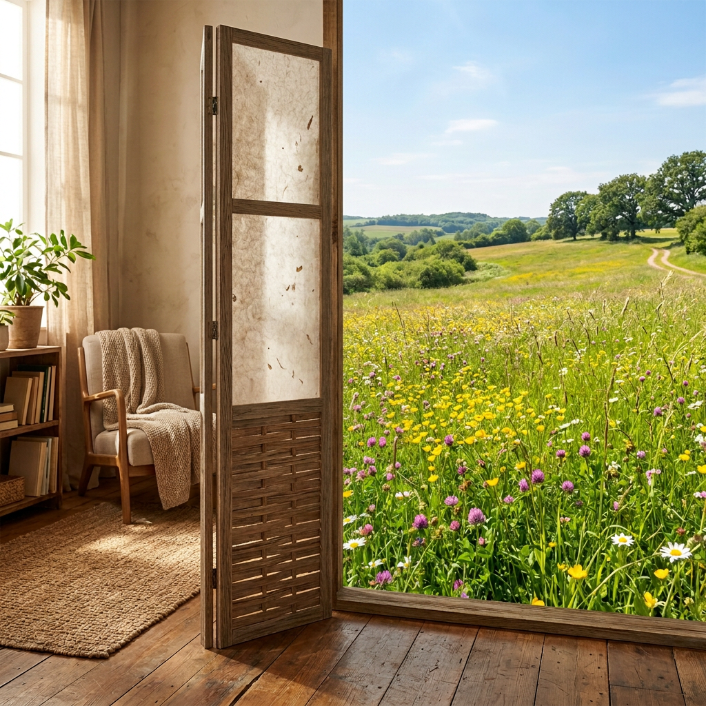 Split scene screens room and sunny meadow