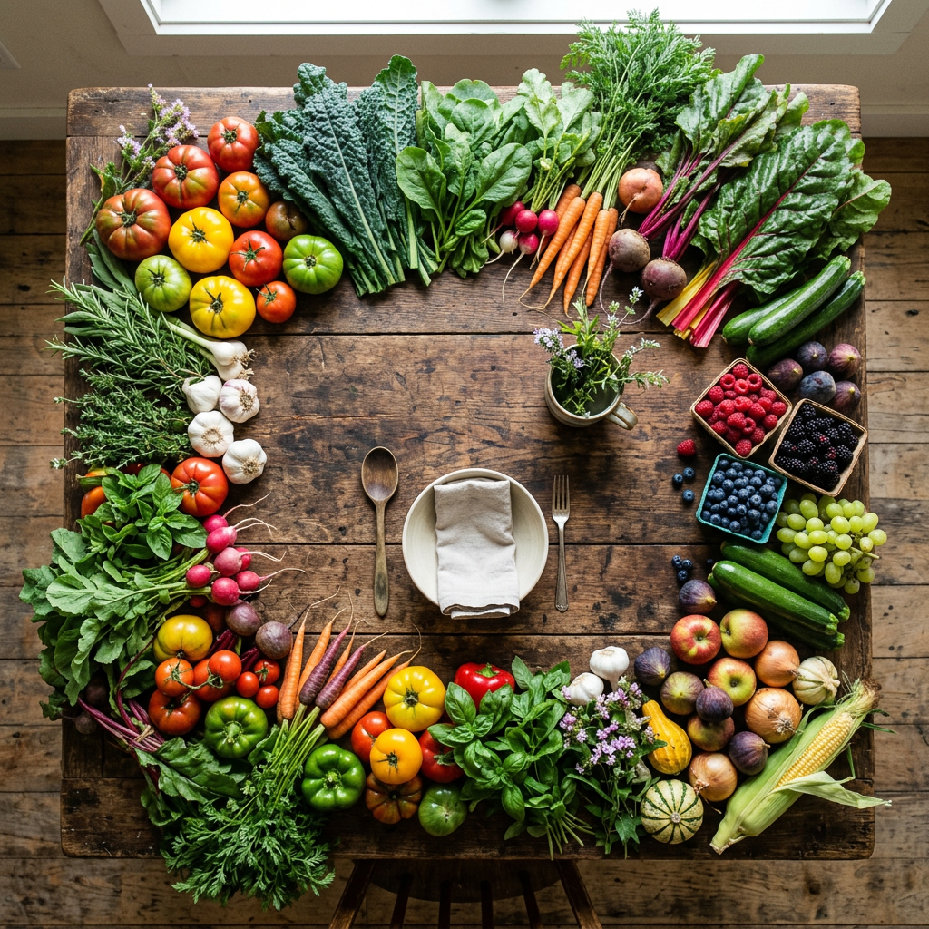 Fresh colorful vegetables and fruits arranged in a circle around a plate with a napkin, spoon, and fork