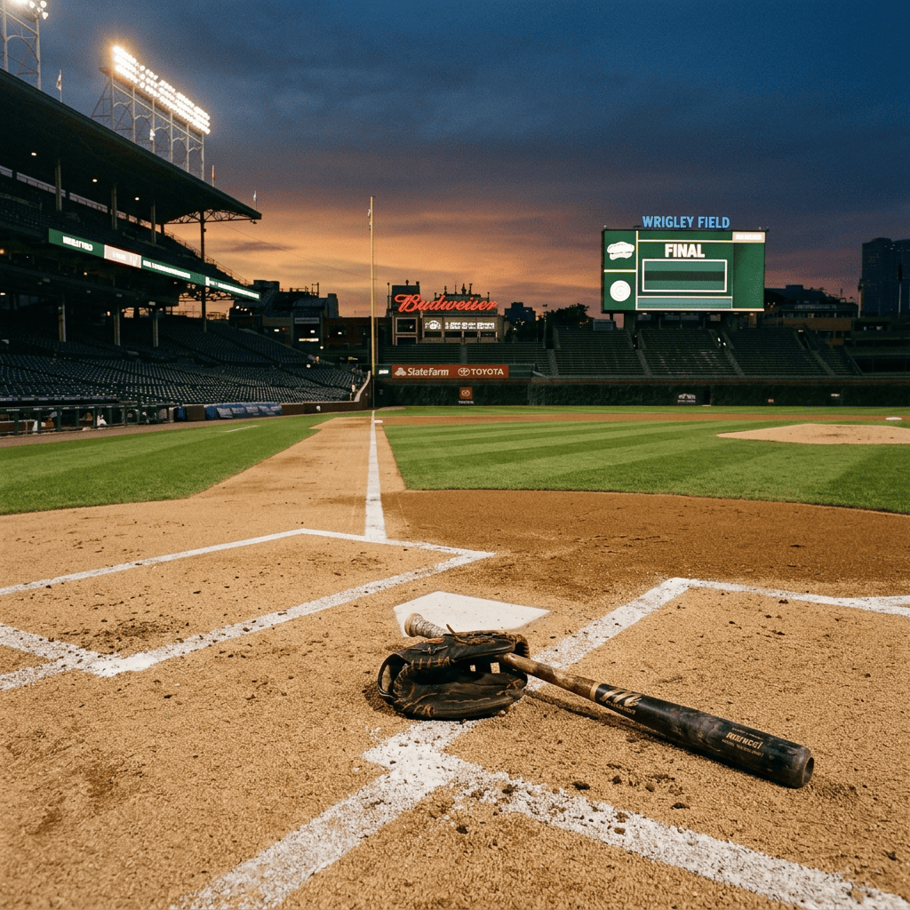 Baseball bat and glove on dirt near home plate at sunset in empty Wrigley Field
