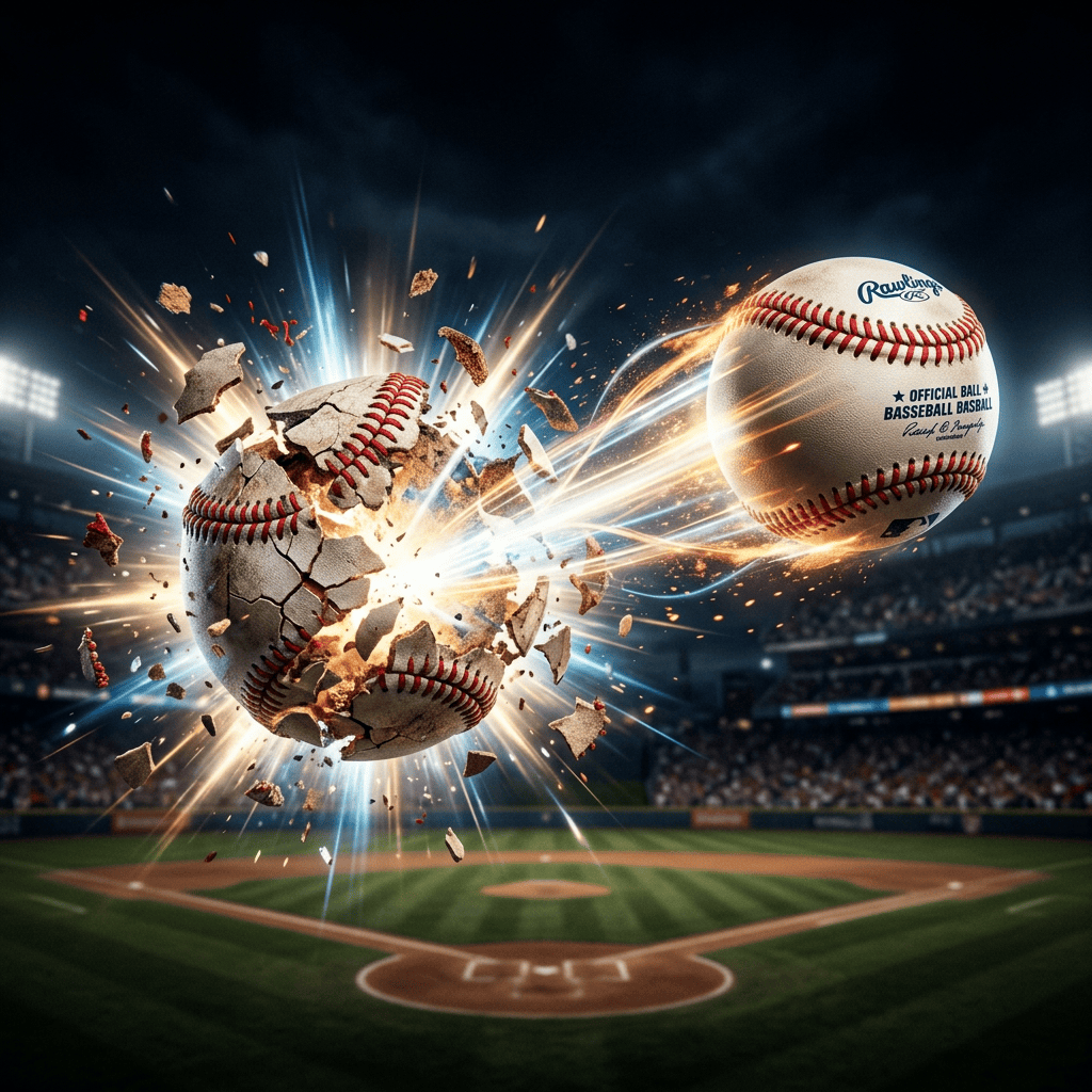 Baseball shattering on impact with another baseball at a stadium