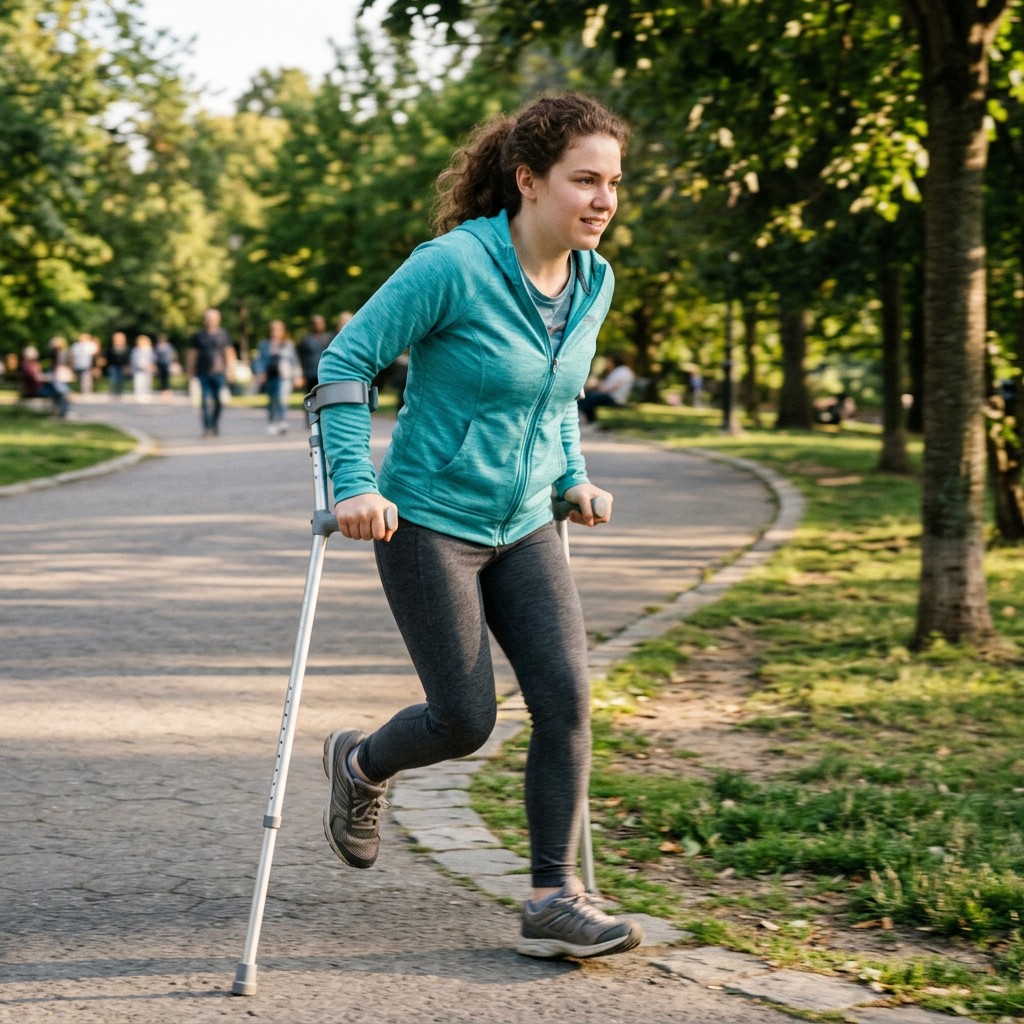 Young woman jogging outdoors using crutches on a paved path in a park