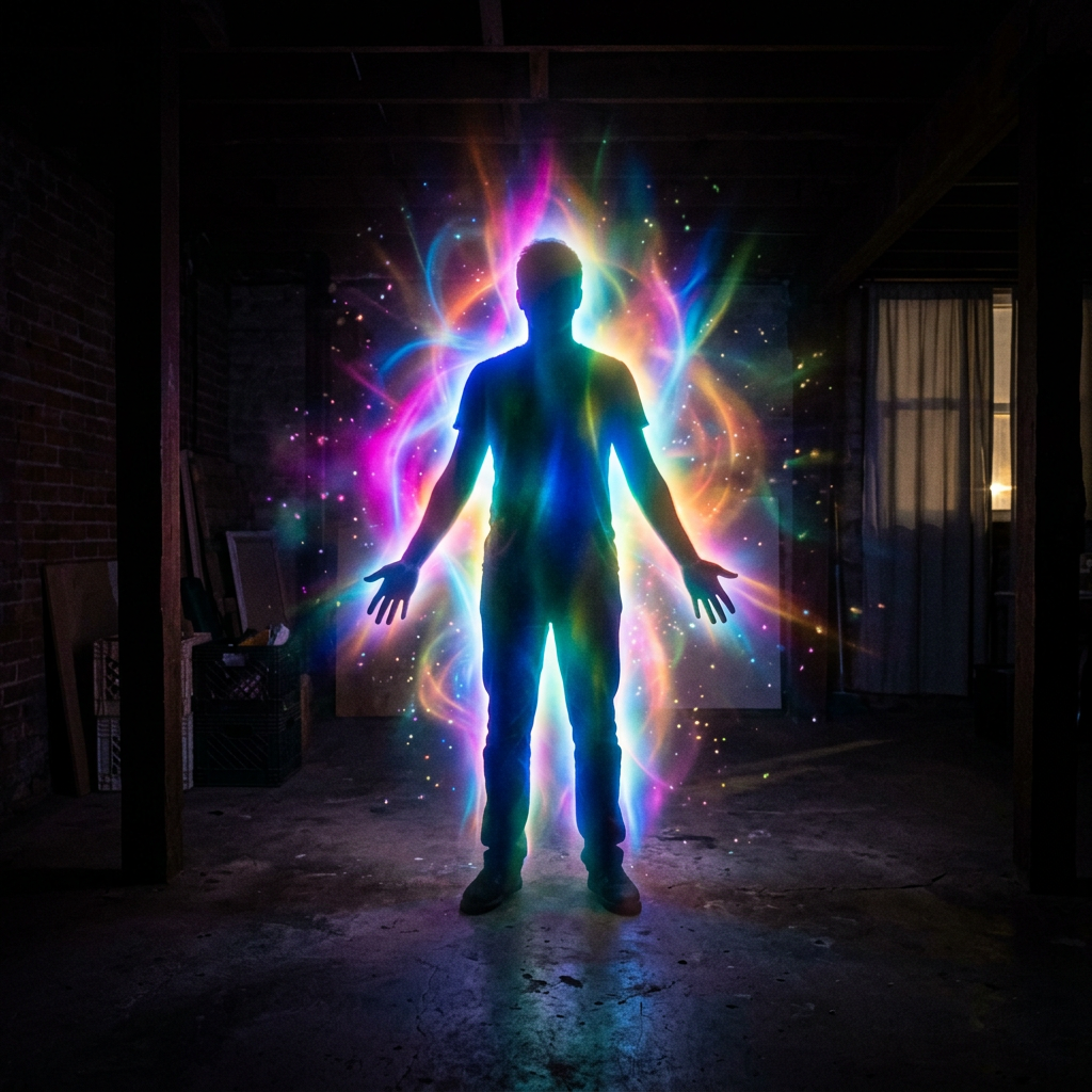 Silhouetted person emitting glowing multicolored energy aura in dark room