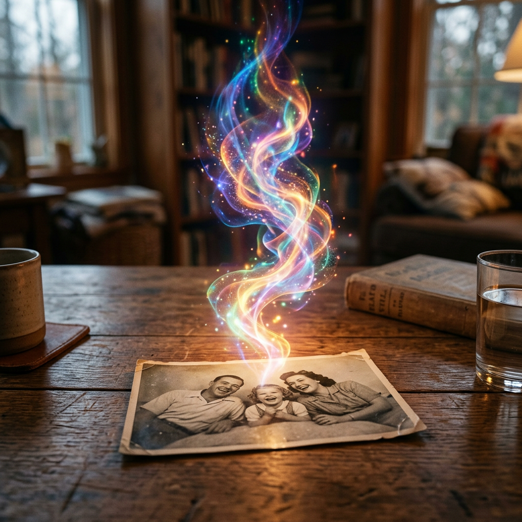 Black and white vintage family photo with colorful magical aura rising