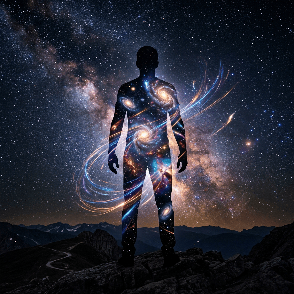 Silhouette of a person filled with colorful galaxies and cosmic swirls against a star-filled sky