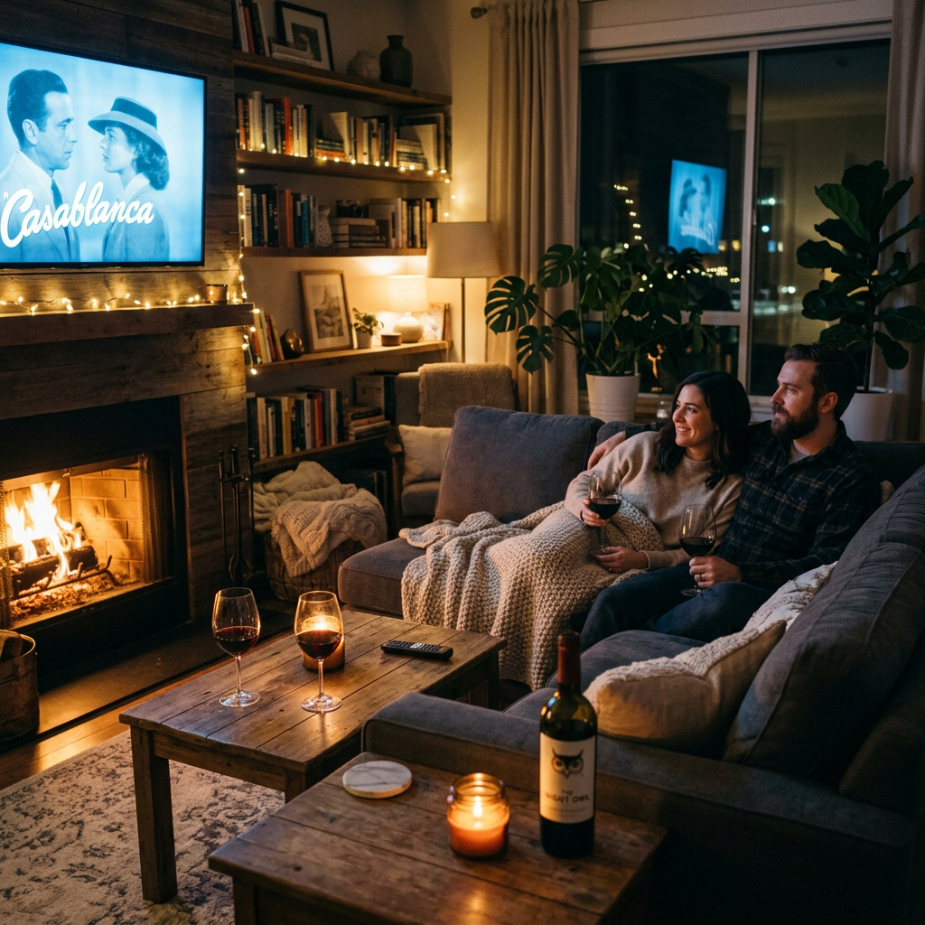Couple sitting on a couch watching Casablanca on TV, drinking red wine by a fireplace