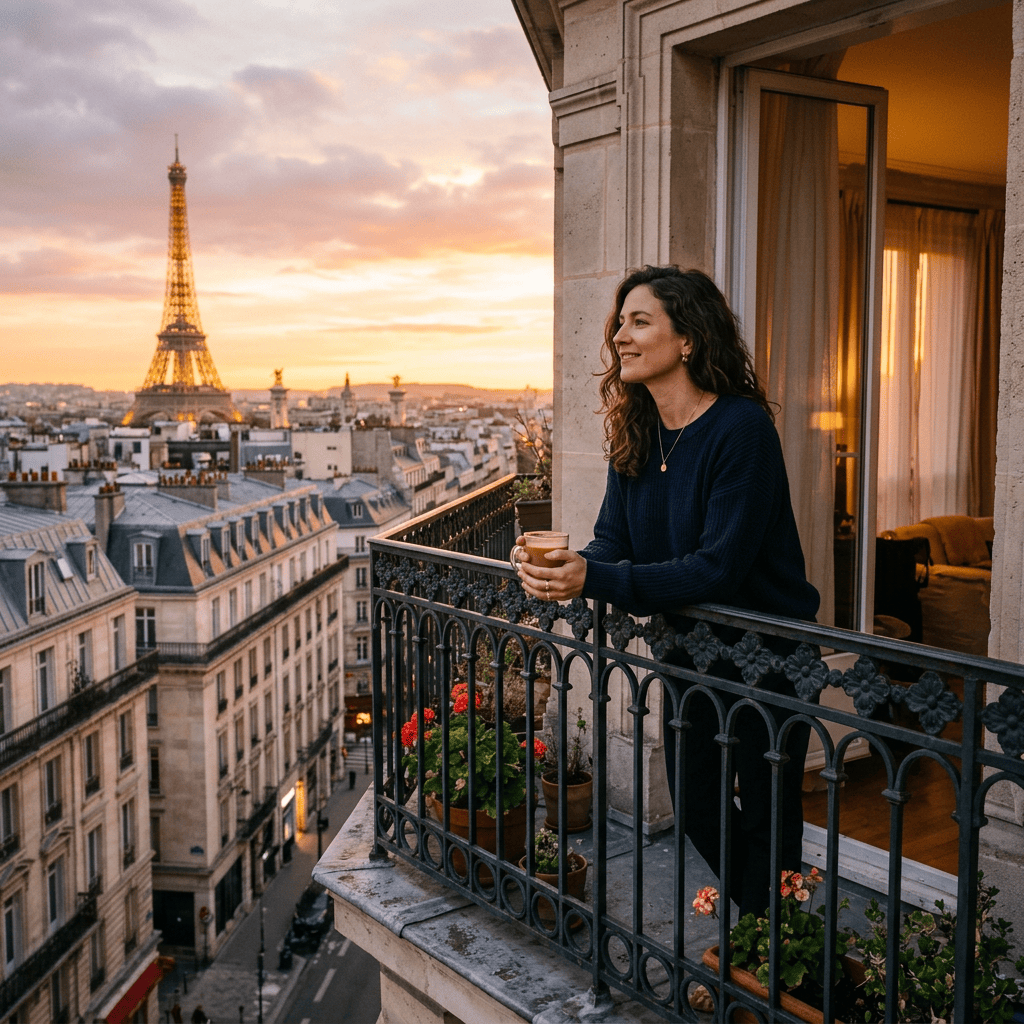 Woman holding cup on balcony overlooking Paris skyline and Eiffel Tower at sunset