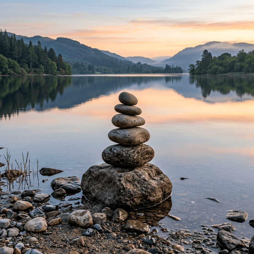 Balanced stack of stones on a rocky lakeshore with calm water and forested hills reflecting at sunset