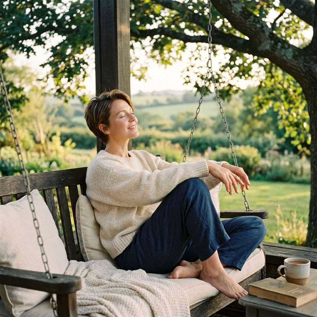 Woman sitting barefoot on a cushioned porch swing, smiling with eyes closed in a garden