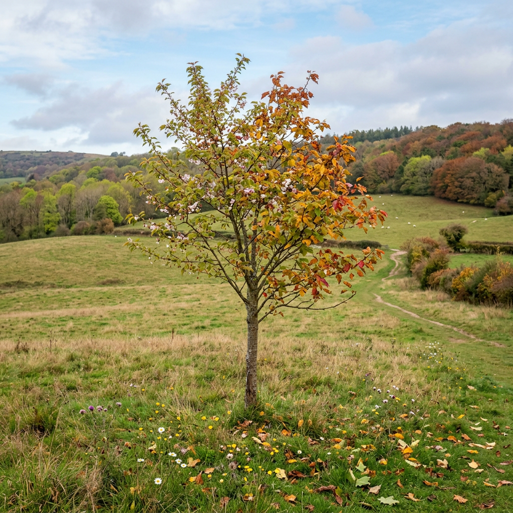 Small tree with green, yellow, and orange leaves in a grassy field