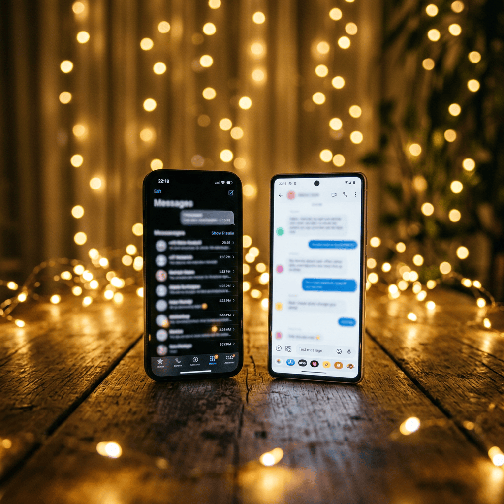 Two smartphones standing on a wooden table showing messaging apps screens with text conversations, illuminated by warm fairy lights.