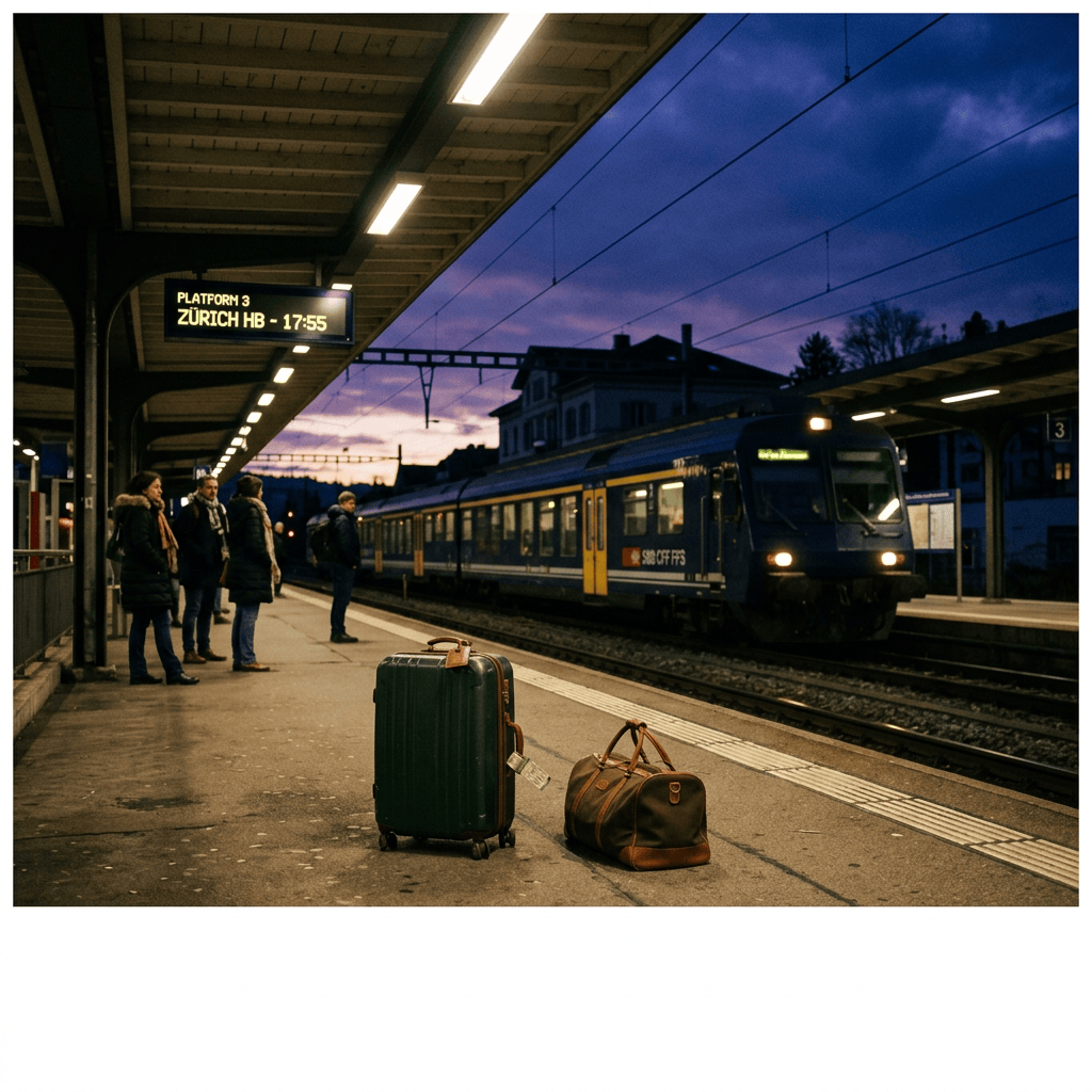 Train arriving at platform 3 in the evening with travelers and luggage waiting