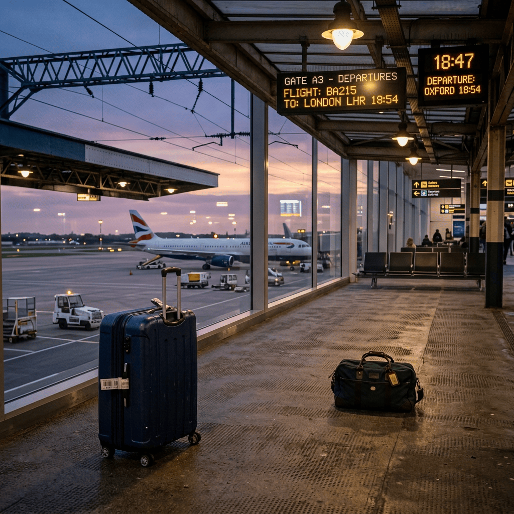 Train at platform 3 with suitcases on the station platform under evening sky
