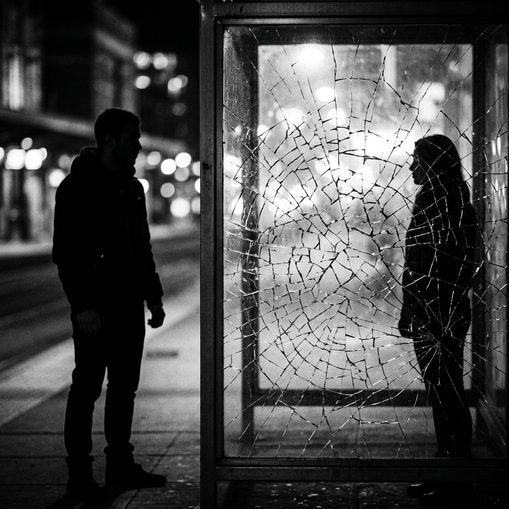 Silhouettes of a man and woman separated by shattered glass at a bus shelter at night