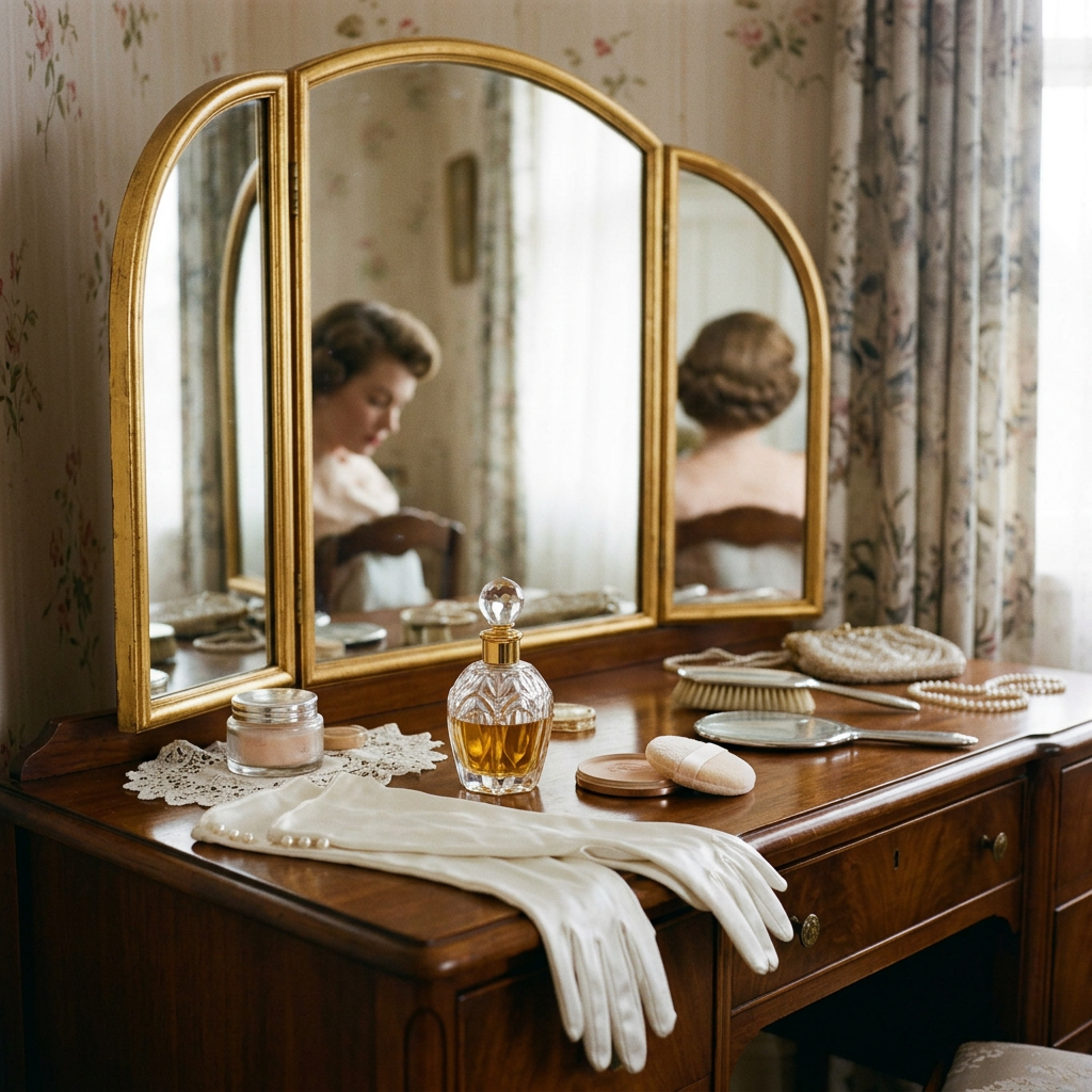 Wooden vanity table with gloves, perfume bottle, mirror, and makeup items