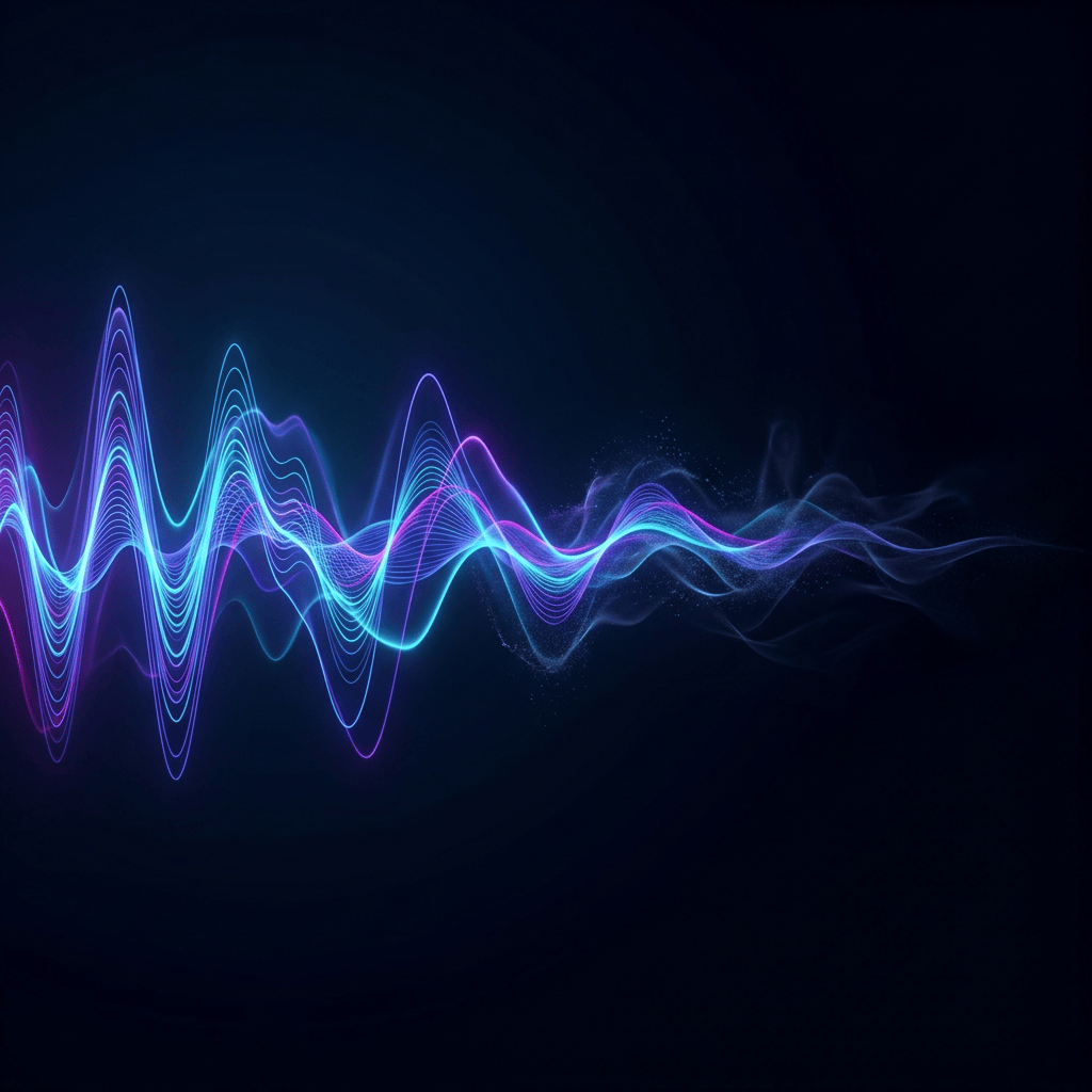 Blue and purple neon waveforms on black background representing sound or energy waves