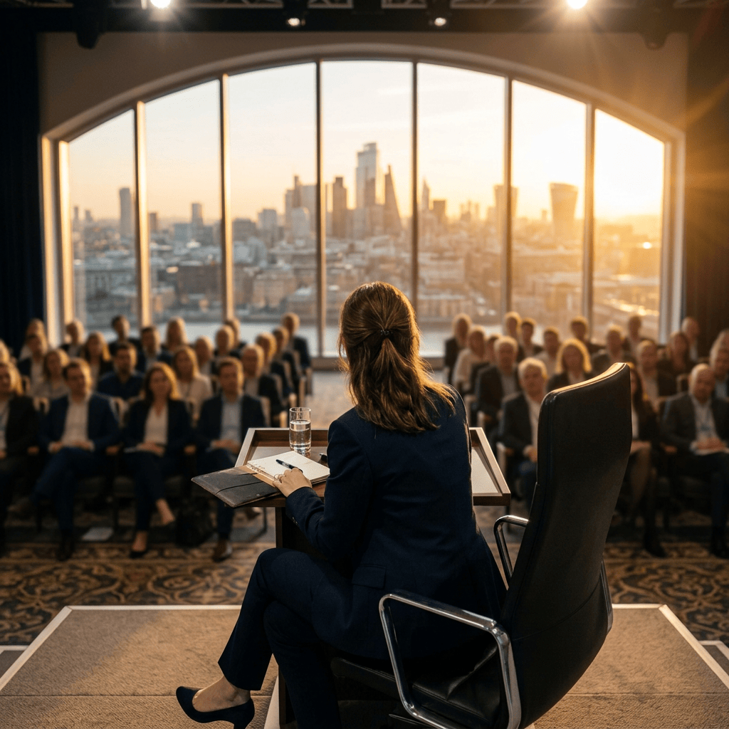 Person sitting alone at a long boardroom table with city skyline through large windows