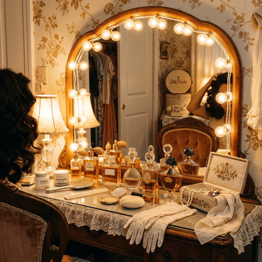 1950s dressing room glowing vanity, gloves, perfume