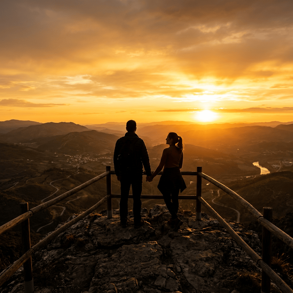 Couple standing on mountain overlook holding hands watching sunset