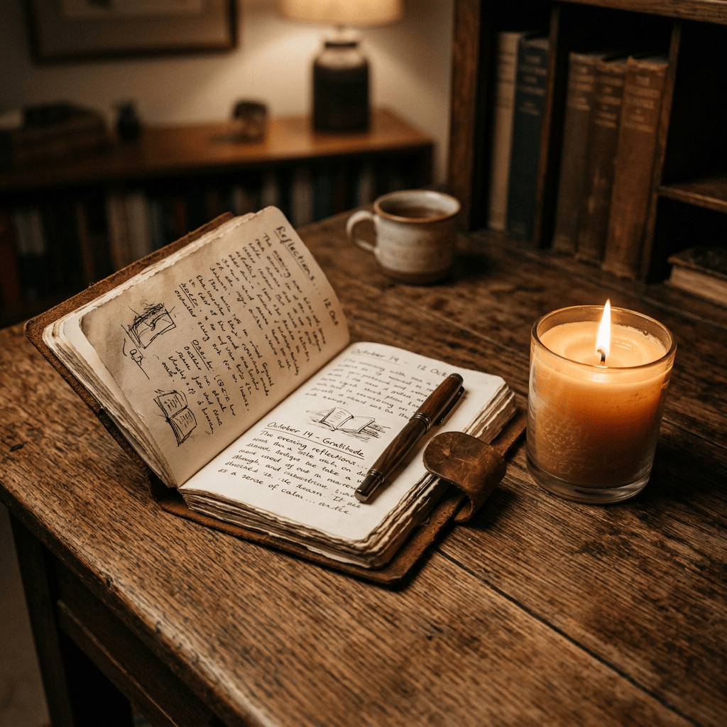 Open journal with handwritten notes and sketches next to lit candle and coffee cup on a wooden desk